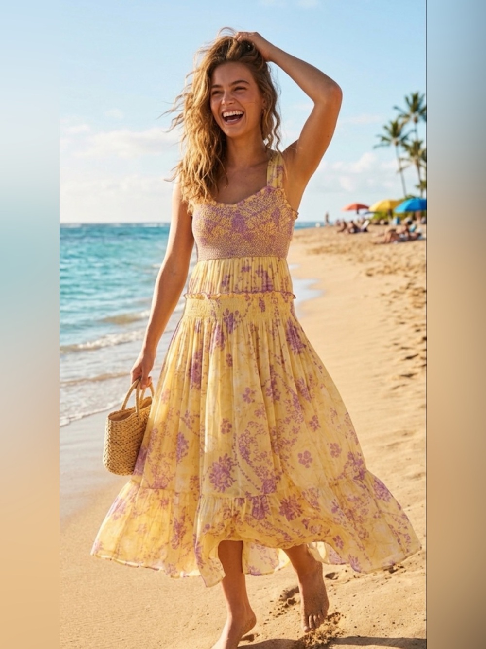 Free People Floral Yellow and Purple Women's Dress Large